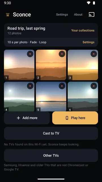 Sconce on a phone: a collection of twelve photos, with Add more, Play here and Cast to TV