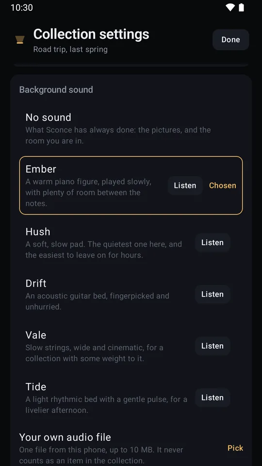 The Background sound screen: five bundled sounds and a row for a file of your own, with one chosen and its loudness at the shipped default