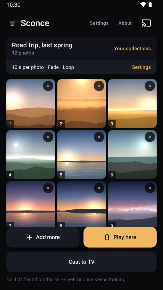 An open collection: its name, the line that says how it will play, the grid of photographs, and the cast button