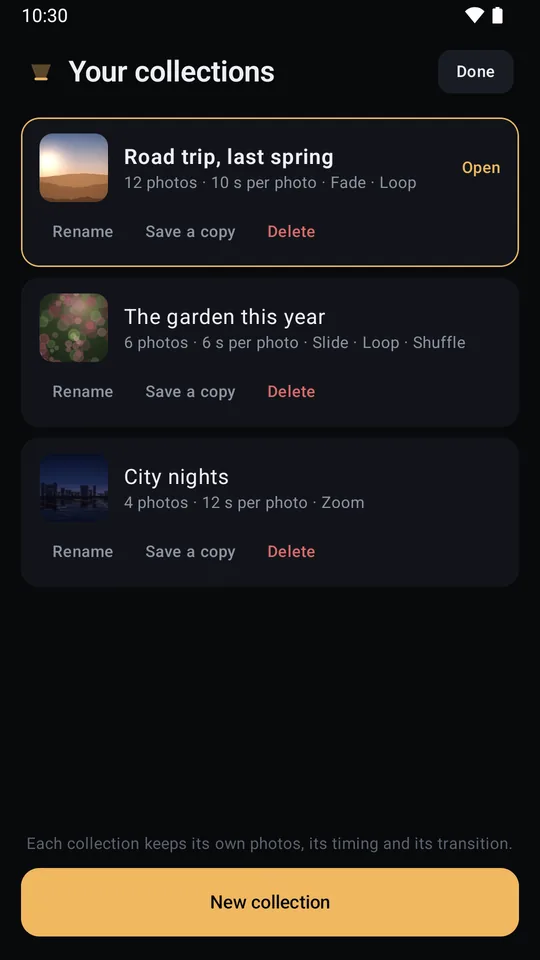 The collections screen: three saved collections, each with its own cover and count, and the button that makes another