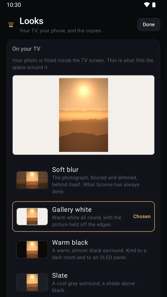 The Looks screen: a live preview of a photograph on the Gallery white surround, above six rows that each carry a tile of the same picture