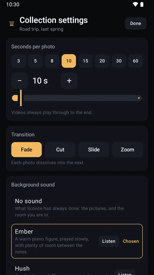 How this collection plays: seconds per photo, the four transitions, and the top of the sound card